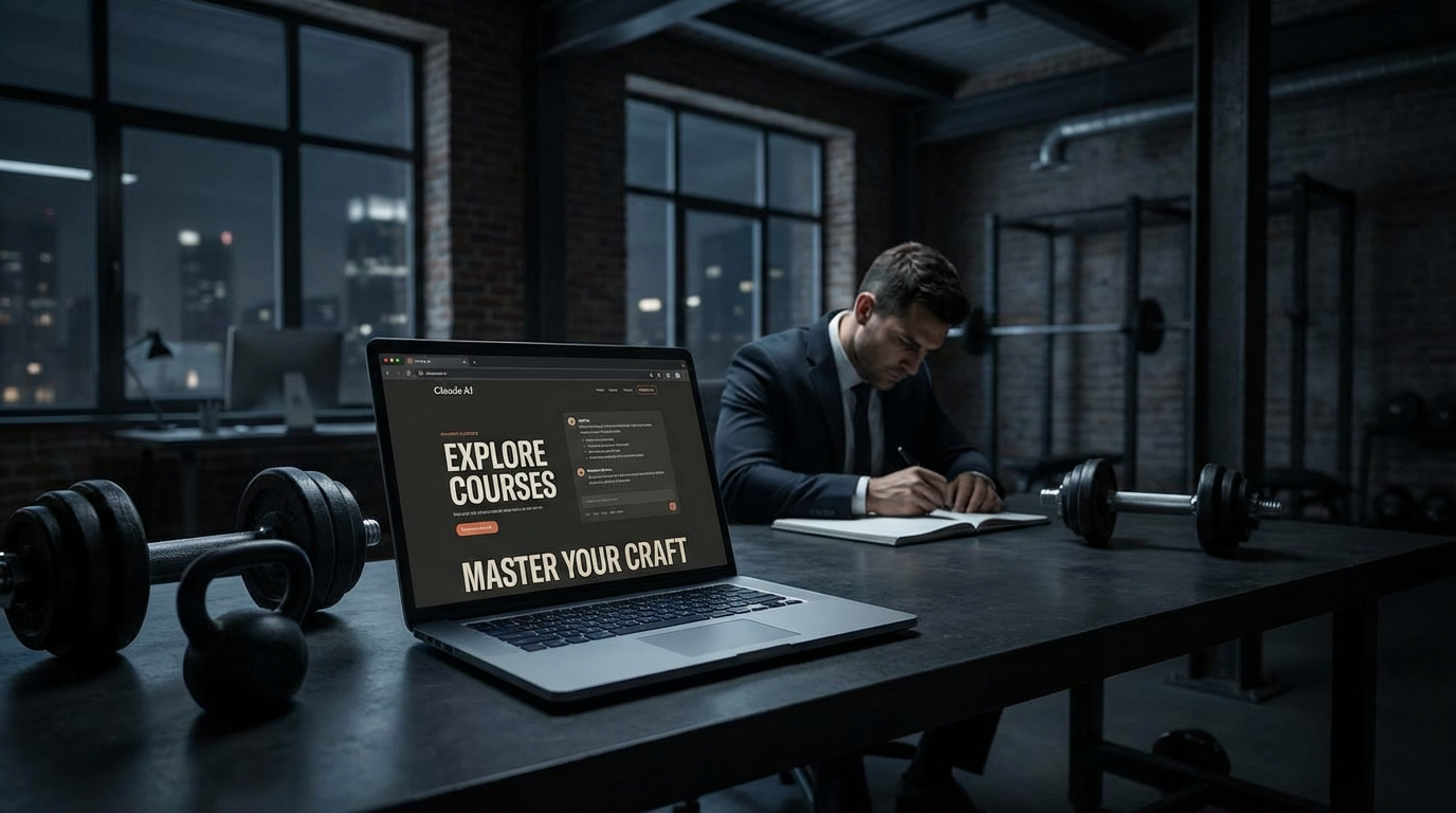 man studying self discipline and mindset courses at desk with dumbbells