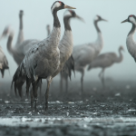 A flock of common cranes standing on wet muddy ground in fog, with one bird in sharp focus showing its grey plumage and red crown patch.